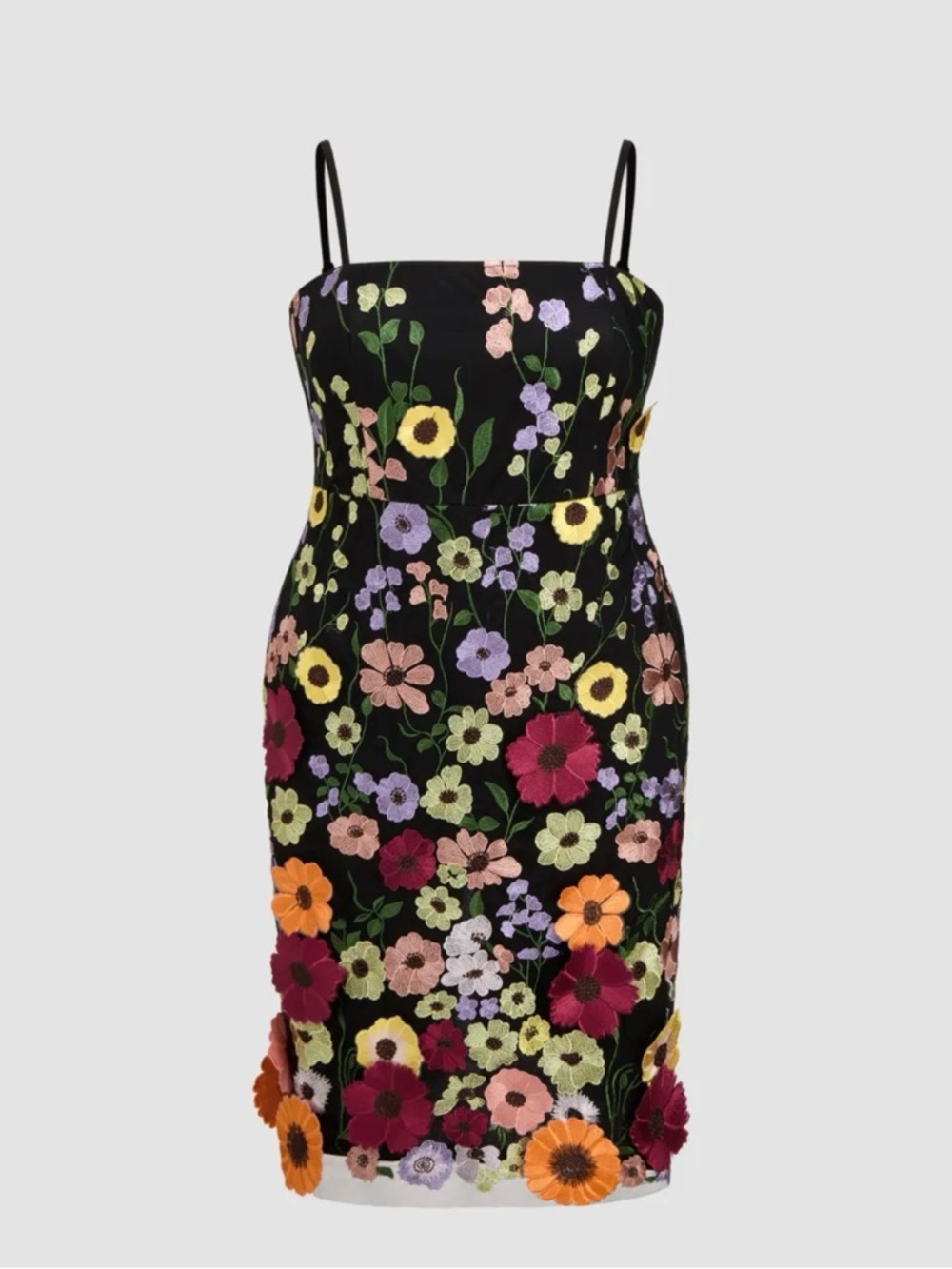 Cider Black Midi Dress with Multicolor Floral Embroidery